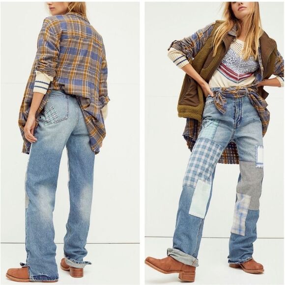 We The Free For Free People Steinbeck Patchwork Straight Leg Denim Jeans Size 27 - Picture 2 of 16